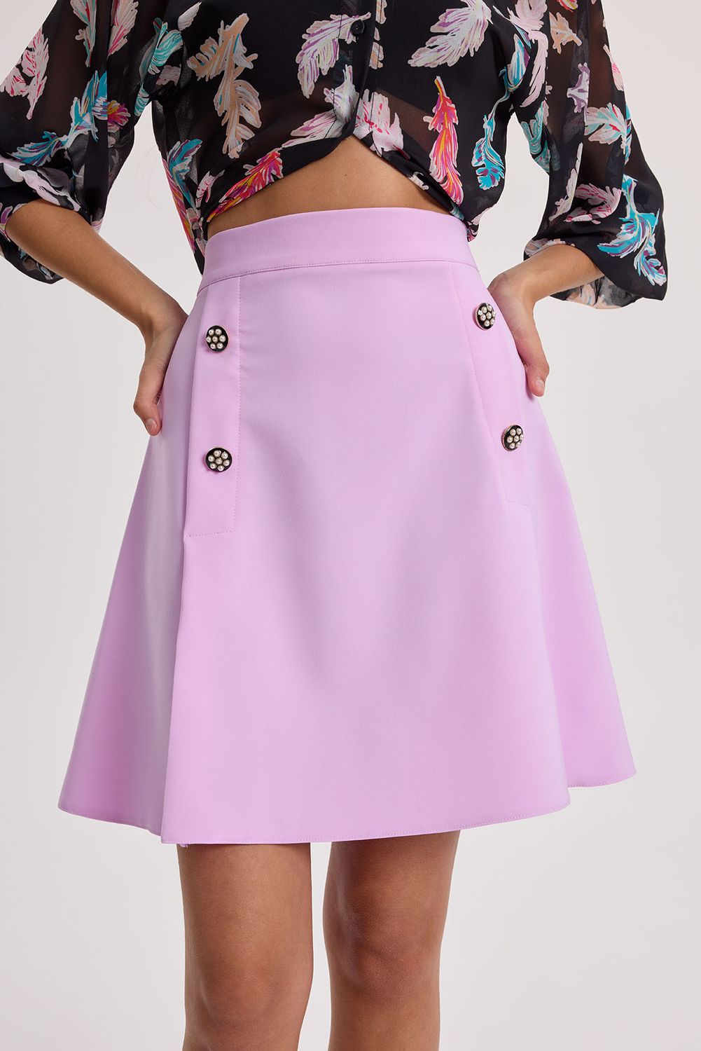 Falda Lisa Evasé Malva con Botones Falda Lisa Evasé Malva con Botones