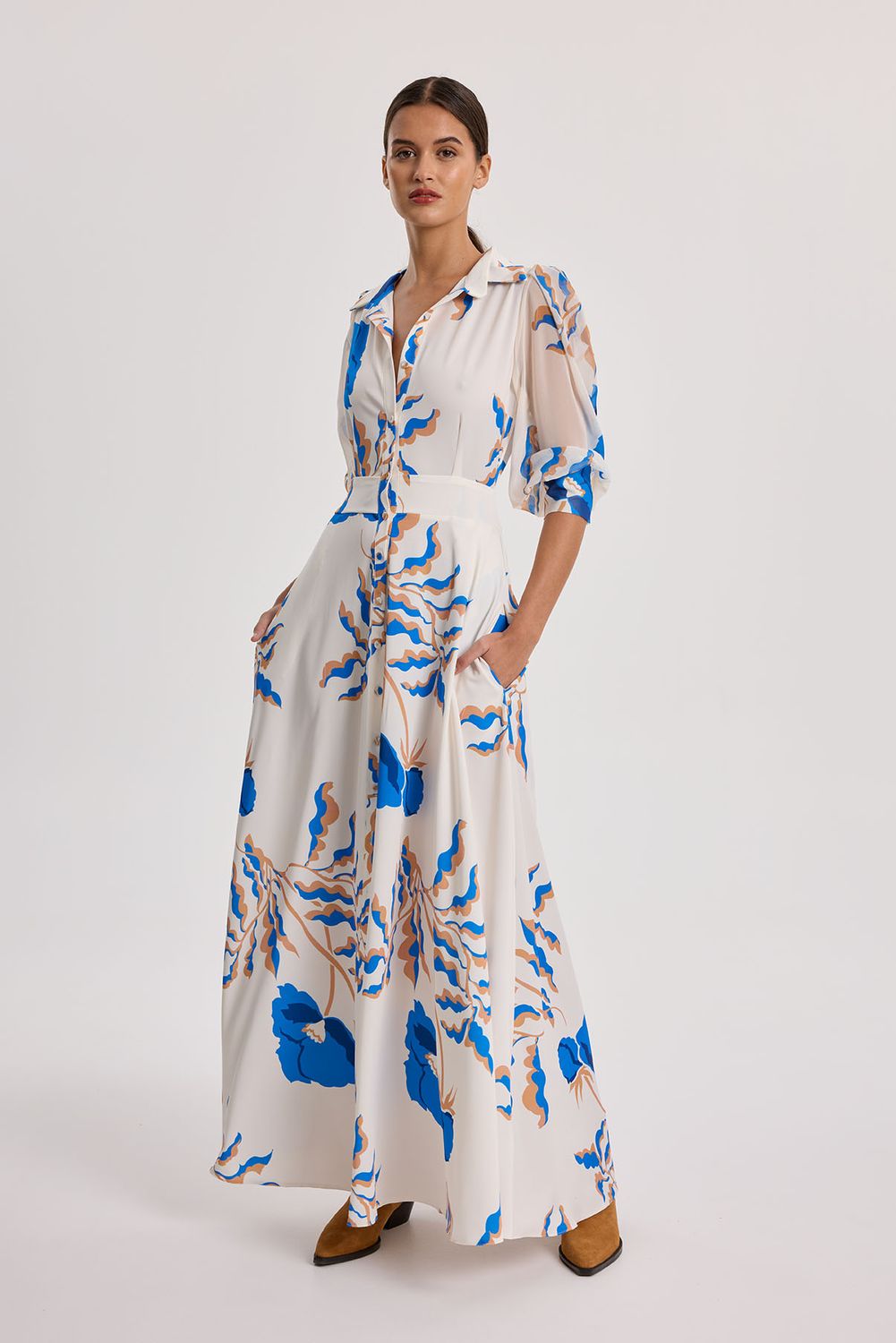 Vestido Camisero Estampado Tierra Azul