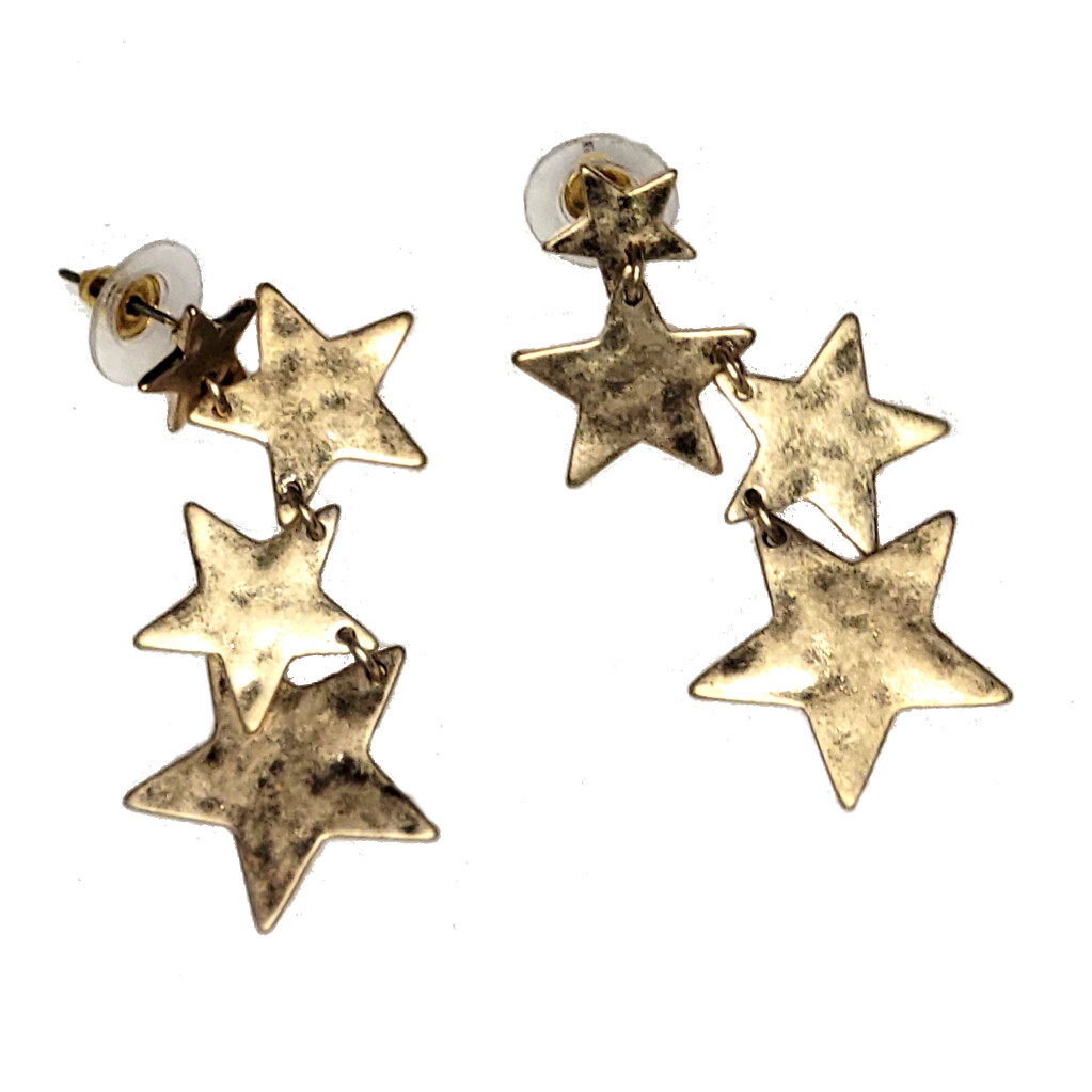 Hammered Gold Plated Brass 4-Star Cascade Strand Earrings - Festive Statement Style