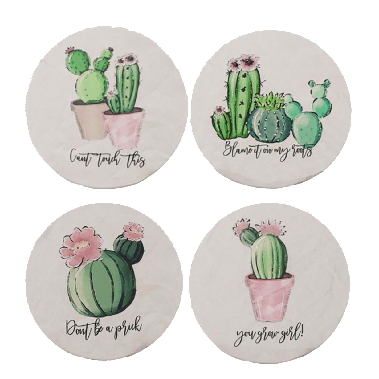 Cactus Coaster Set - Absorbent Stone Coasters with Clever Sayings (Set of 4) Natural Stone Drink Coasters for Coffee Table, Wooden Tabletop Protection