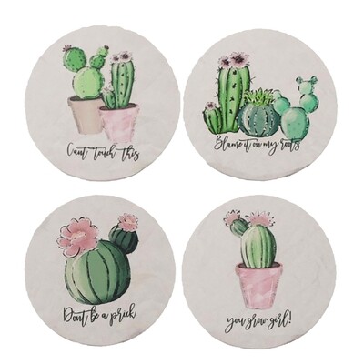 Cactus Coaster Set - Absorbent Stone Coasters with Clever Sayings (Set of 4) Natural Stone Drink Coasters for Coffee Table, Wooden Tabletop Protection