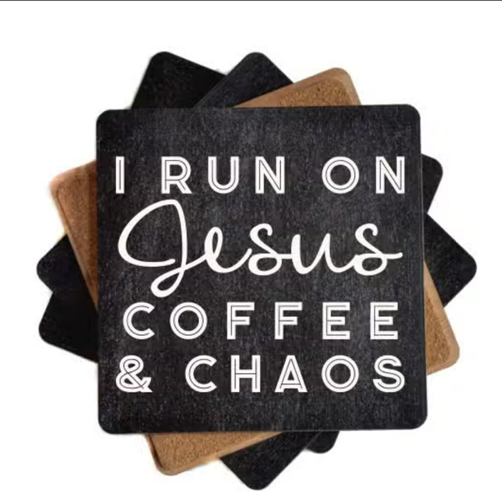 I Live On Jesus Coffee & Chaos Quote  Wood Coasters