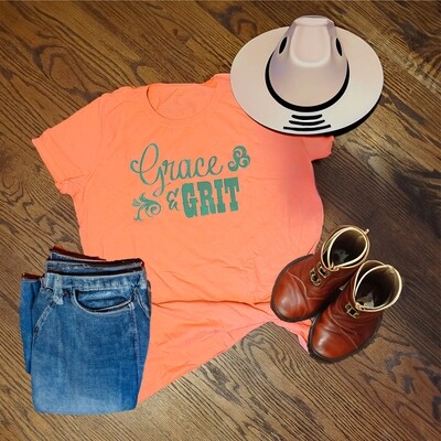 Grace & Grit Fitted Hot Coral Women's T-Shirt - Individually Screen Printed for Unique Look