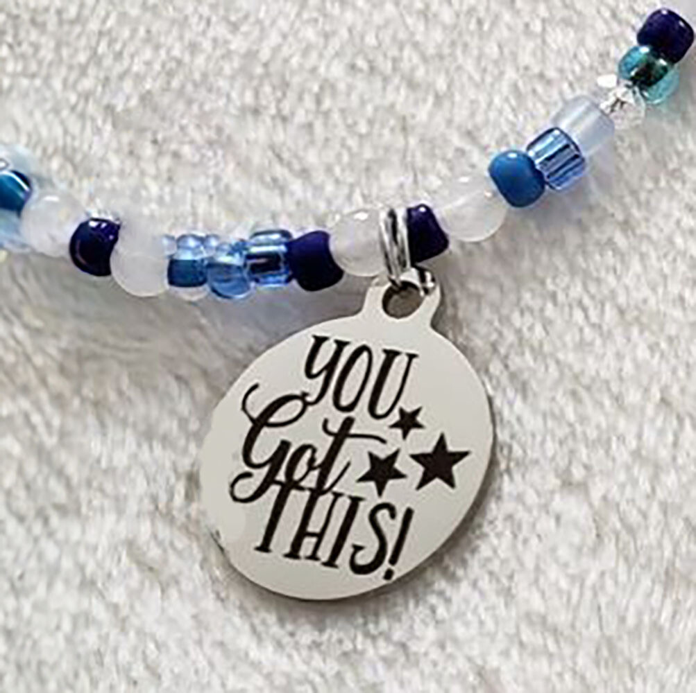 Blue and White "You Got This" Memory Wire Bracelet with Silver Charm