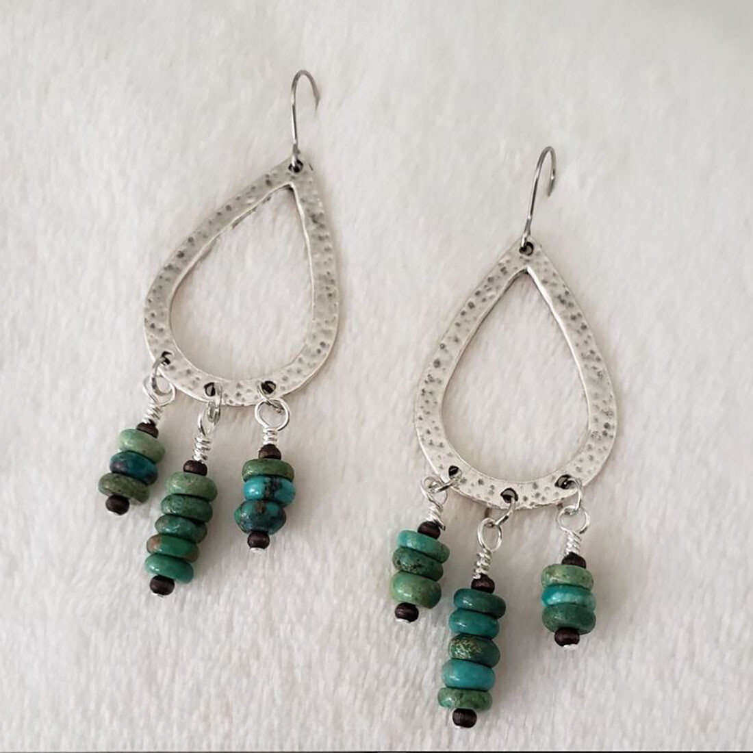 Gorgeous Green Turquoise Hammered Metal Earrings