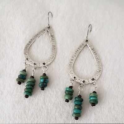 Gorgeous Green Turquoise Hammered Metal Earrings