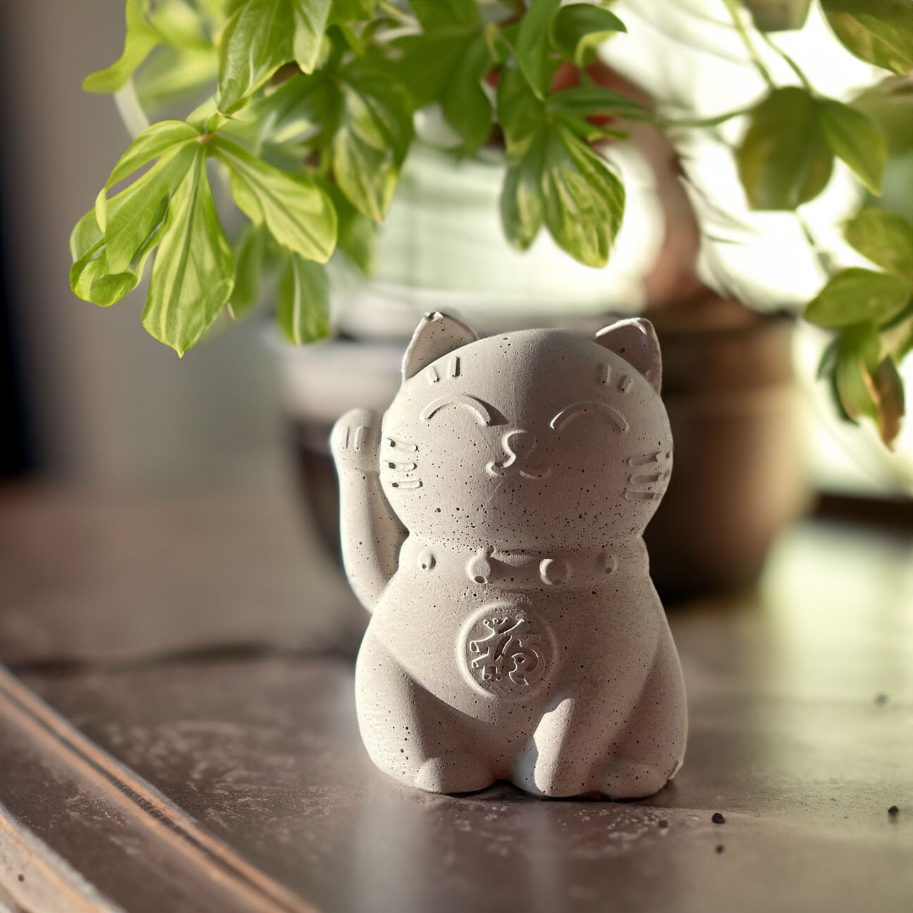 Hand-Poured Concrete Lucky Cat Figurine - Good Luck Gift