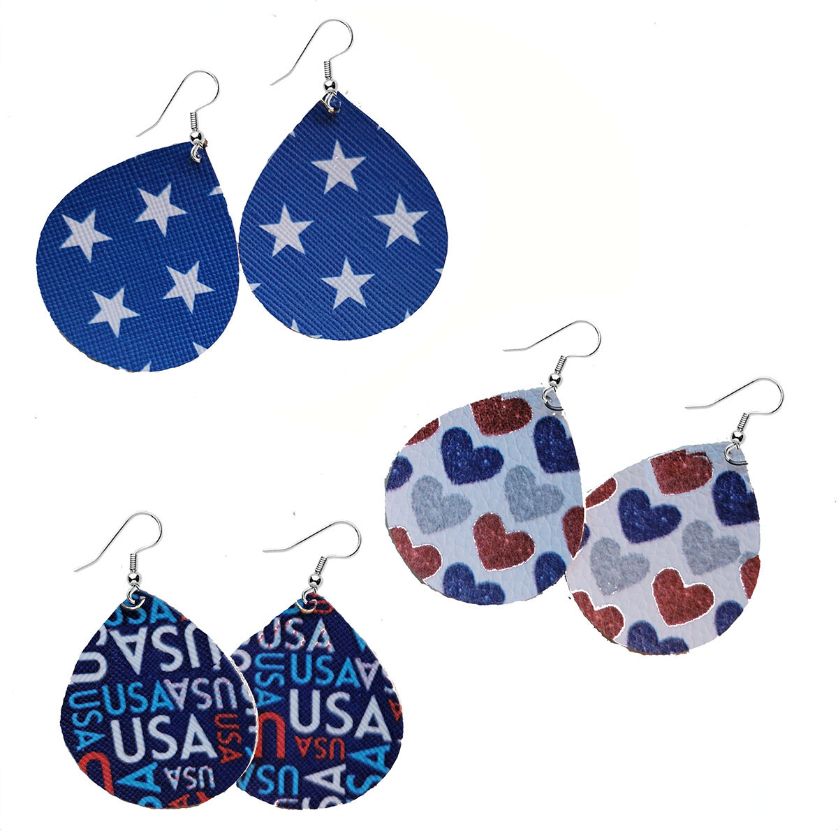 Patriotic Heart, Star, and USA Print Faux Leather Dangle Earrings