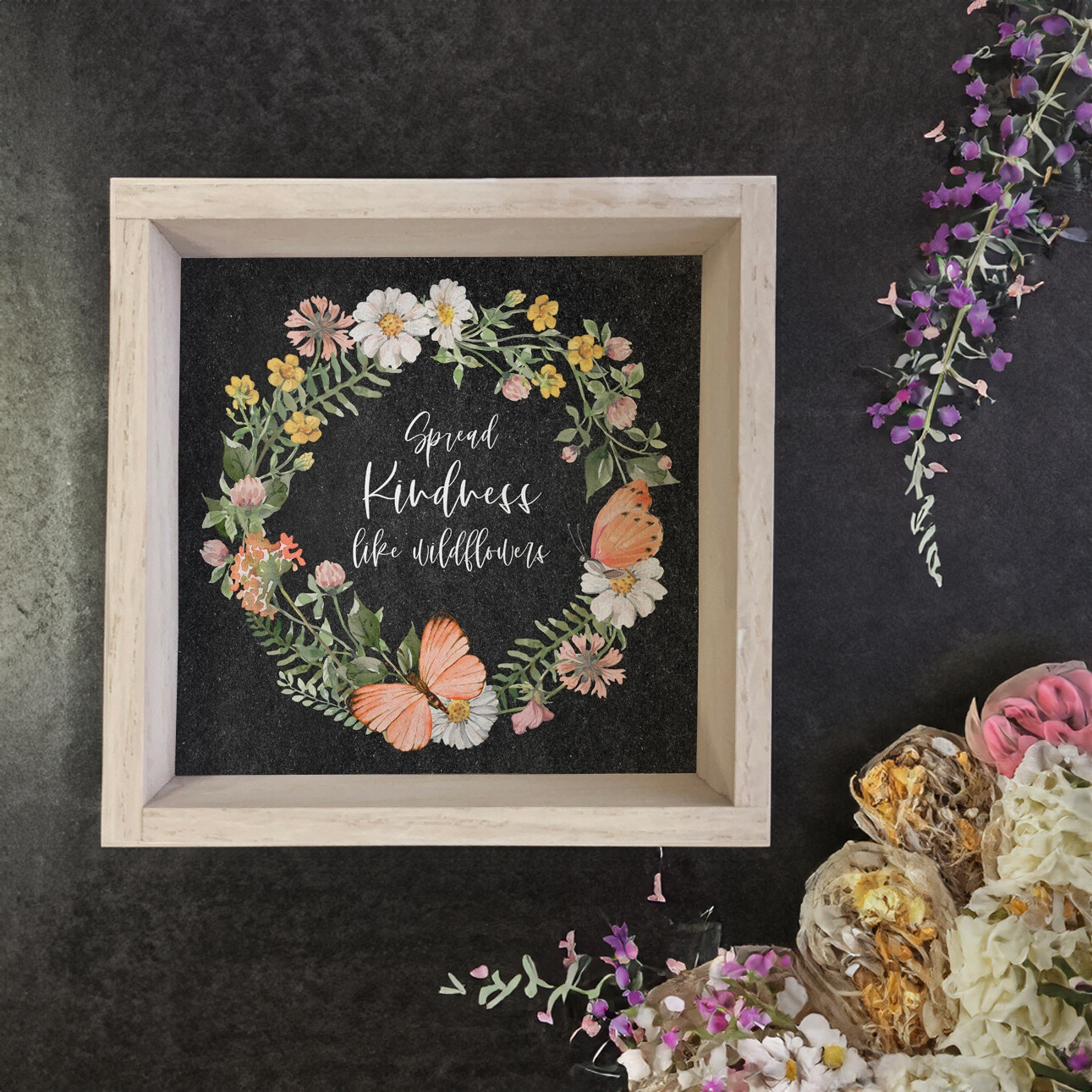 Floral Wreath "Spread Kindness Like Wildflowers" Framed Canvas Print