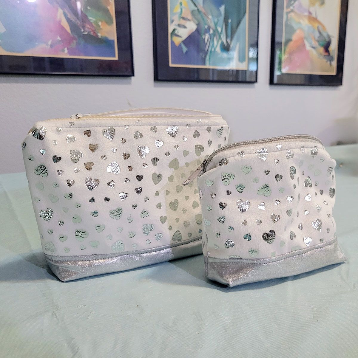 Silver Heart Cosmetic Bag Set - Custom Handmade Makeup Pouches Silver Heart Cosmetic Bag Set - Custom Handmade Makeup Pouches