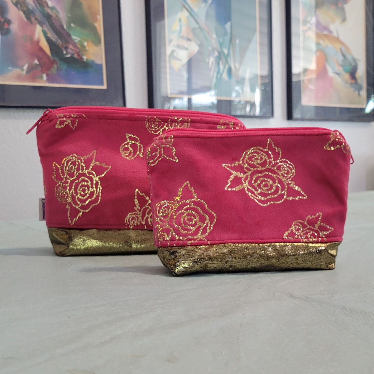 Elegant Rose Brocade Cosmetic Bag Set - Custom Handmade Makeup Pouches Elegant Rose Brocade Cosmetic Bag Set - Custom Handmade Makeup Pouches