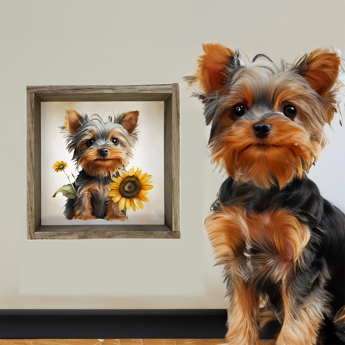 Adorable Yorkie Puppy with Sunflowers Framed Canvas Print | 6" x 6" Farmhouse Wall Art