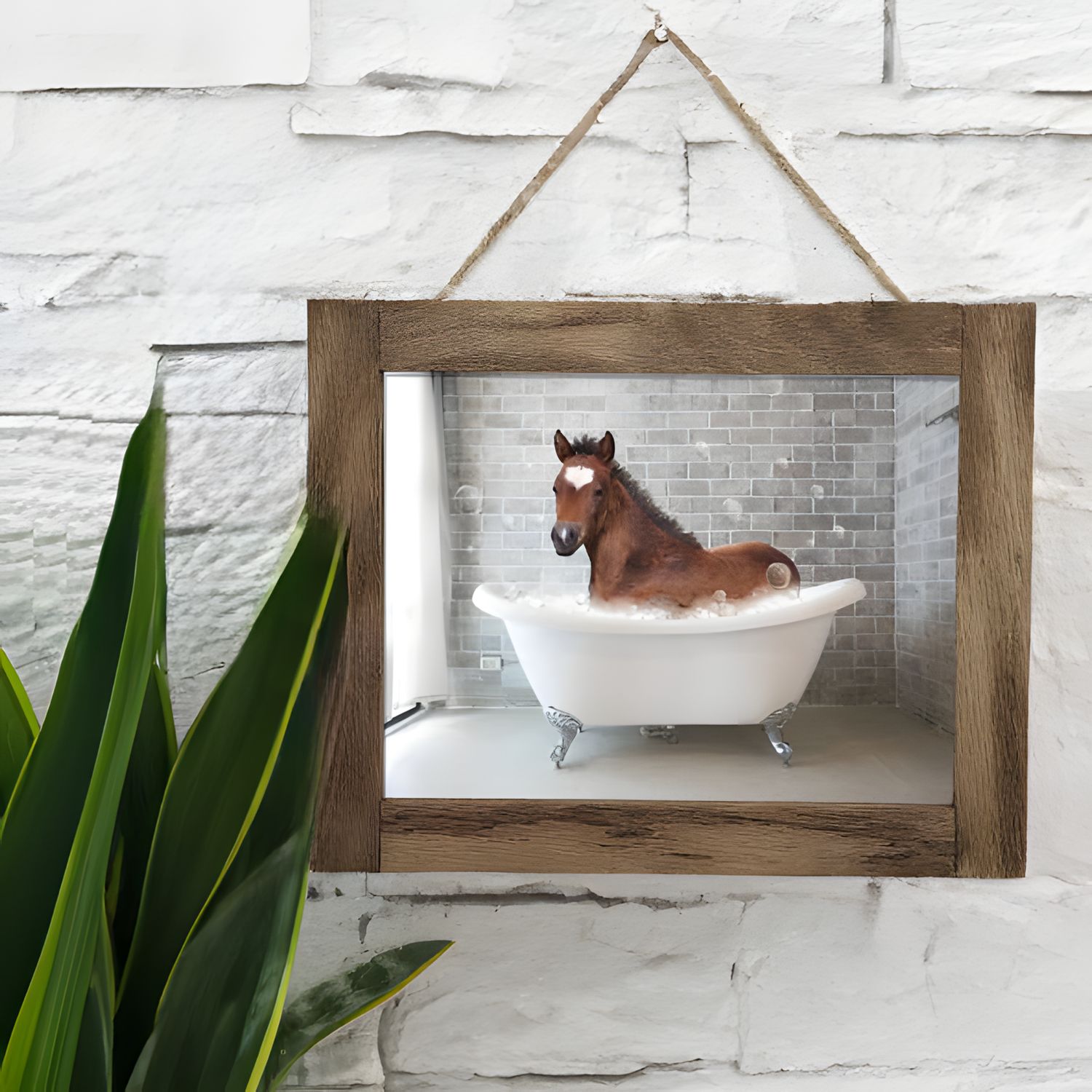 Funny Horse in Bathtub Framed Canvas Print | Rustic Farmhouse Bathroom Wall Decor Funny Horse in Bathtub Framed Canvas Print | Rustic Farmhouse Bathroom Wall Decor