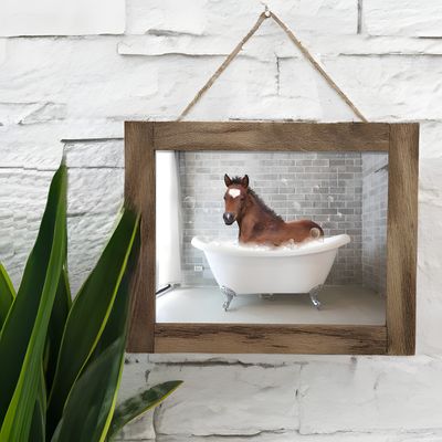 Funny Horse in Bathtub Framed Canvas Print | Rustic Farmhouse Bathroom Wall Decor