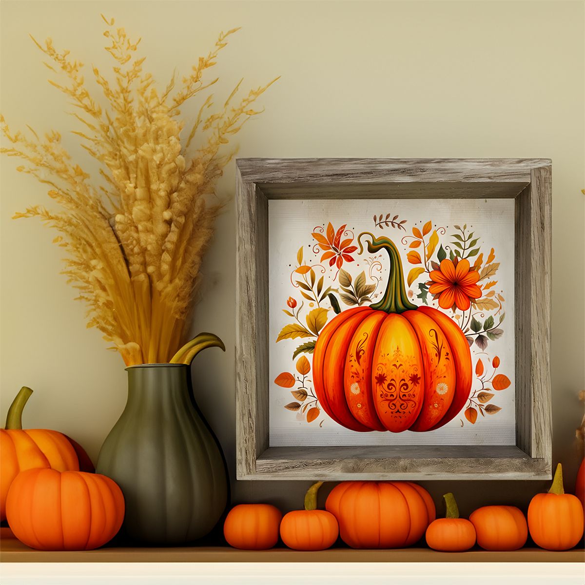 Rustic Autumn Pumpkin Framed Canvas Art Print | 11" x 11" Farmhouse Wall Decor