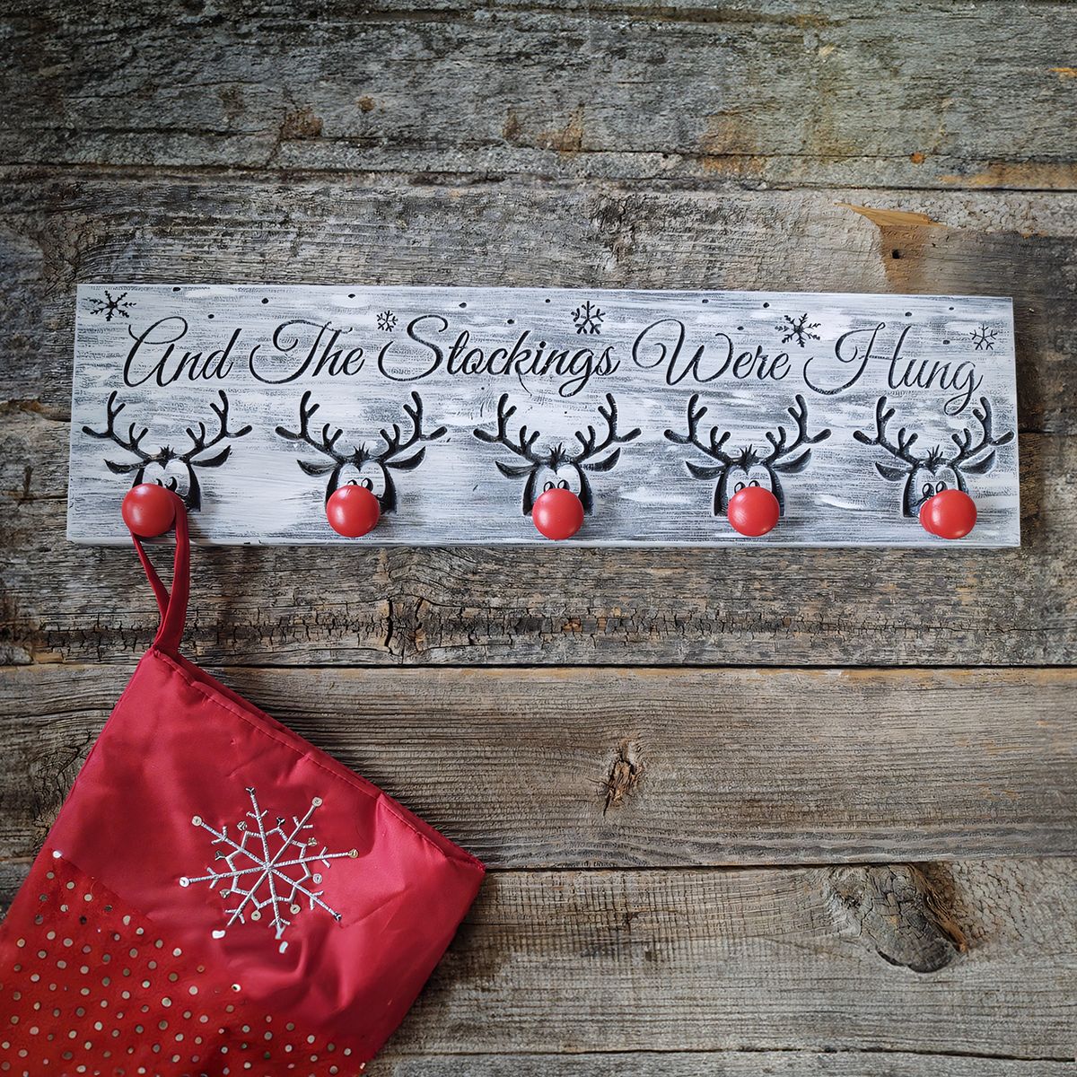Rustic  Rustic "And The Stockings Were Hung" Christmas Stocking Holder | Wooden Reindeer Nose Hooks