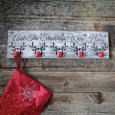 Rustic "And The Stockings Were Hung" Christmas Stocking Holder | Wooden Reindeer Nose Hooks