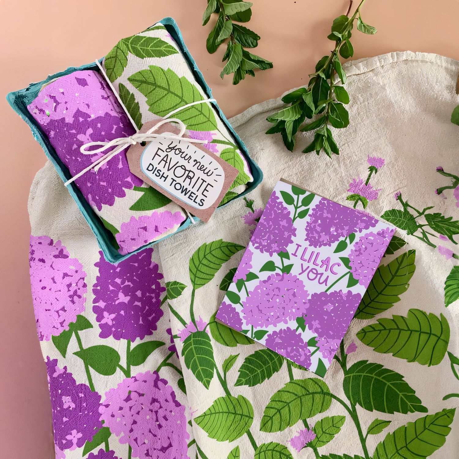"I Lilac Purple" Hand-Printed Dish Towel Gift Set