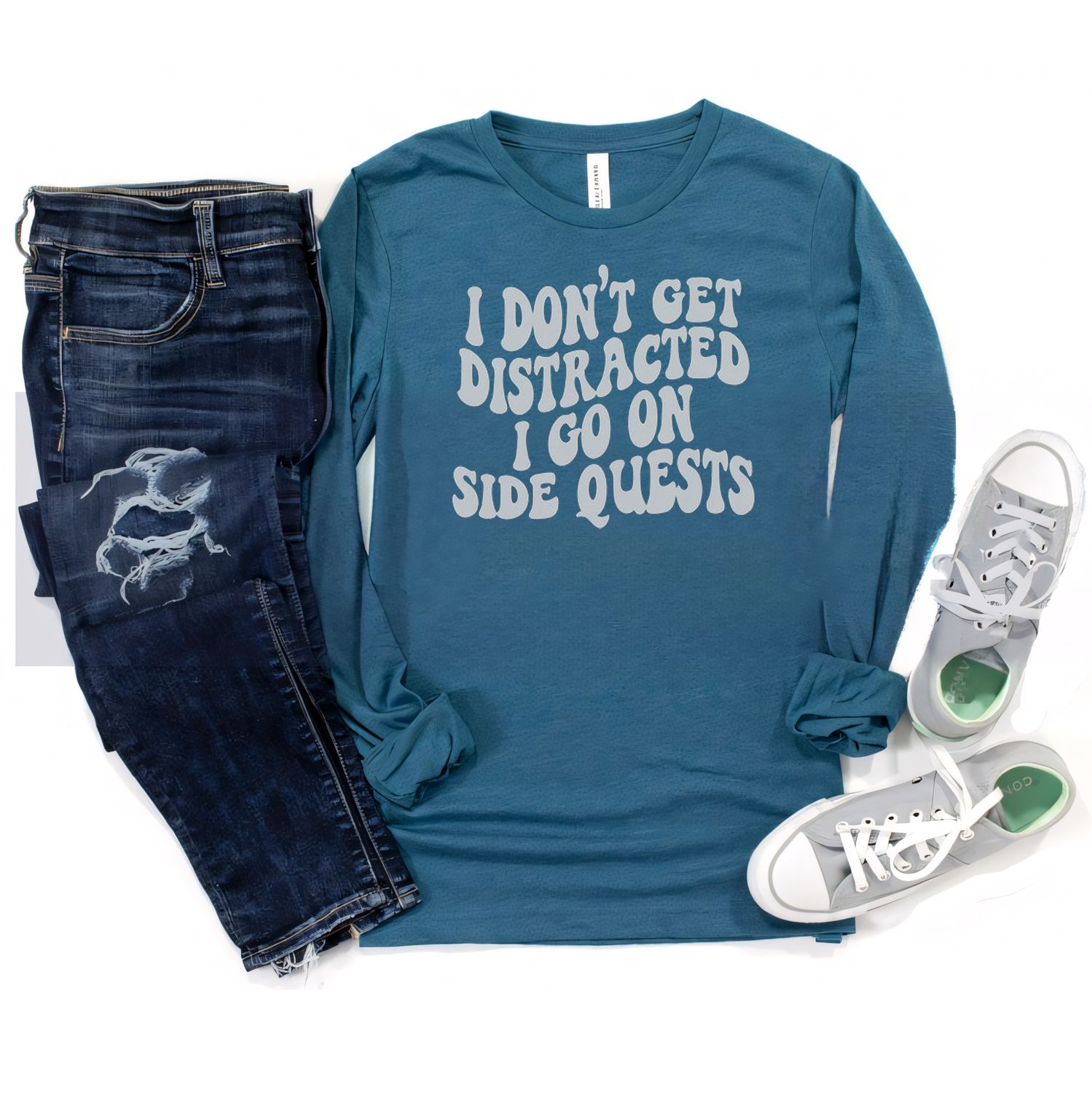 "I Don’t Get Distracted, I Go on Side Quests" Gamer Humor Long-Sleeve Tee