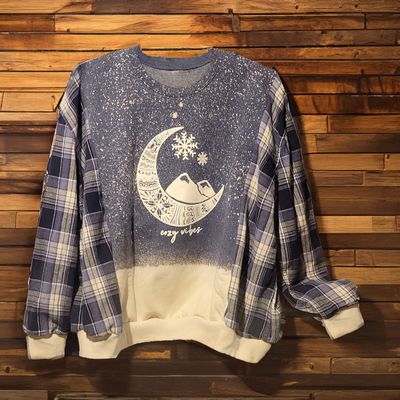 Handmade Upcycled Cozy Vibes Sweatshirt with Blue Flannel Sleeves