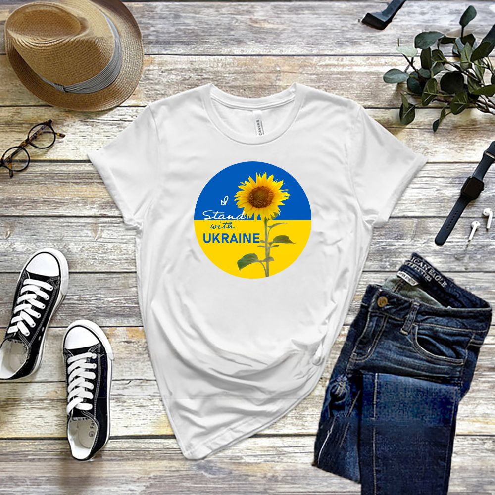 "I Stand With Ukraine" Sunflower T-Shirt – Unisex Tee (Short Sleeve, Long Sleeve, V-Neck), Size: Small