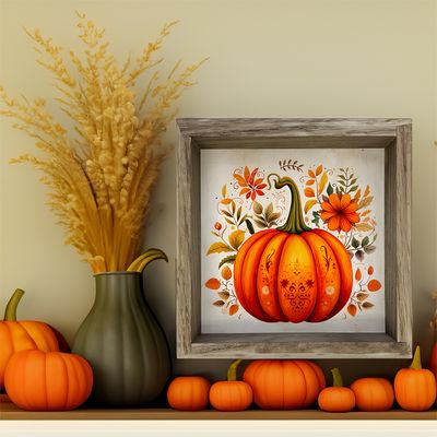 Rustic Autumn Pumpkin Framed Canvas Art Print | 11" x 11" Farmhouse Wall Decor