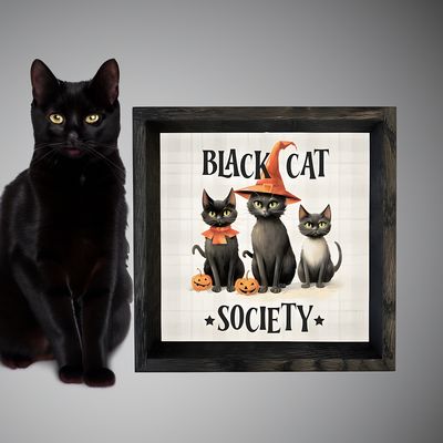 Black Cat Society Halloween Framed Canvas Art | 6" Rustic Wood Sign