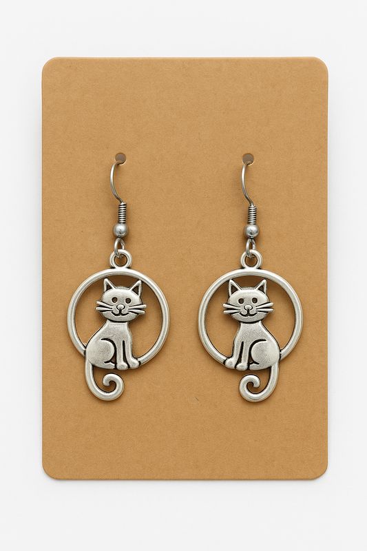 Silver Cat Earrings – Framed Design