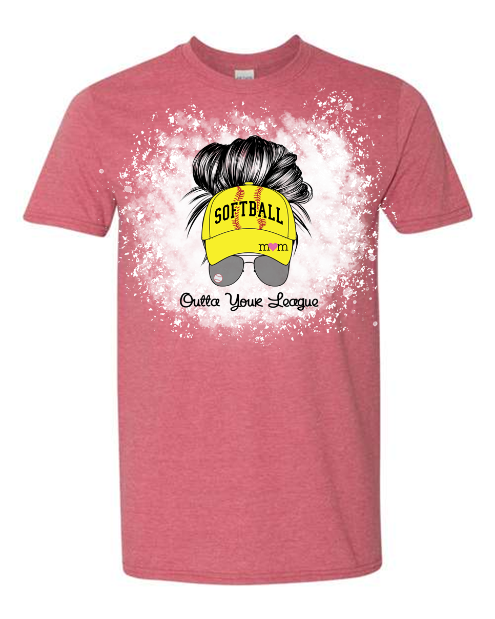Softball Messy Bun Mom Bleached Effect T Shirt