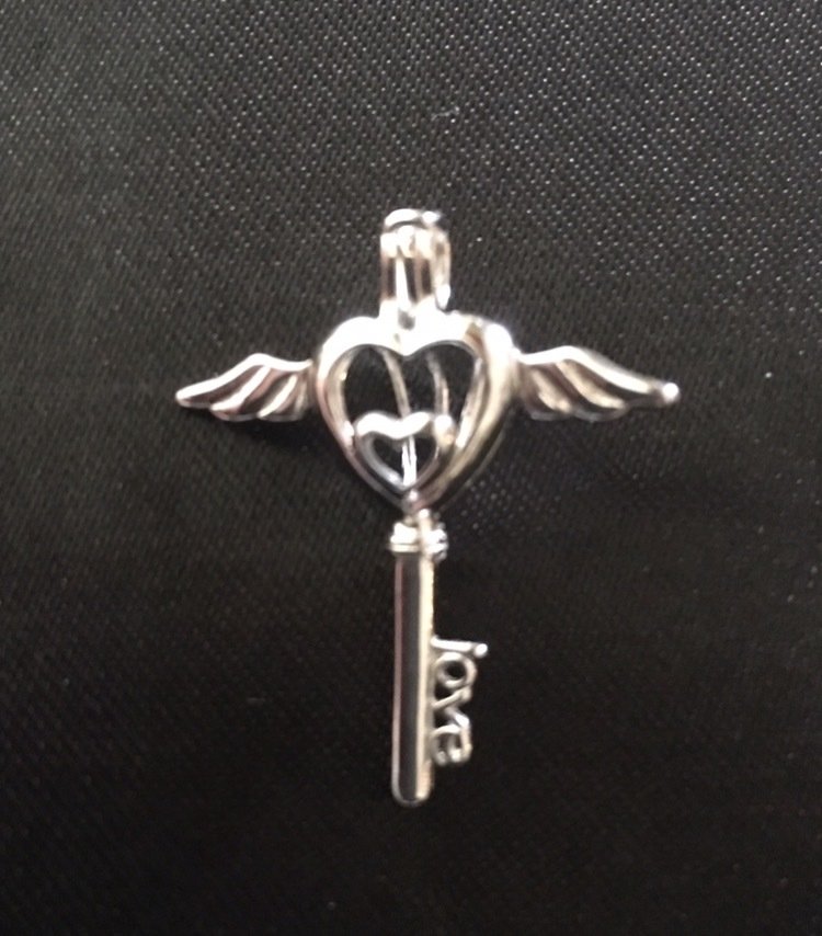 Winged Heart Key - Sterling Silver Cage Pendant