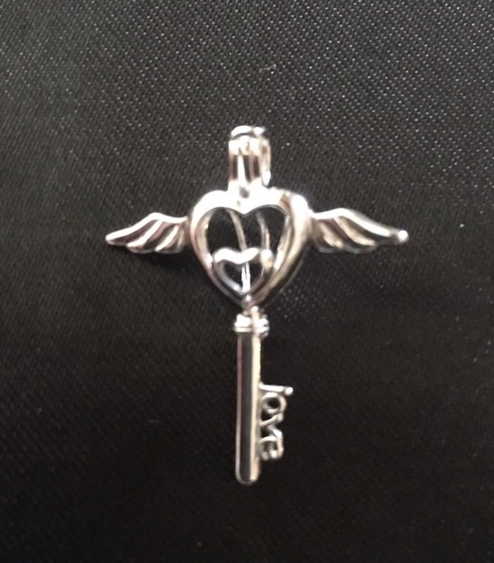Winged Heart Key - Sterling Silver Cage Pendant