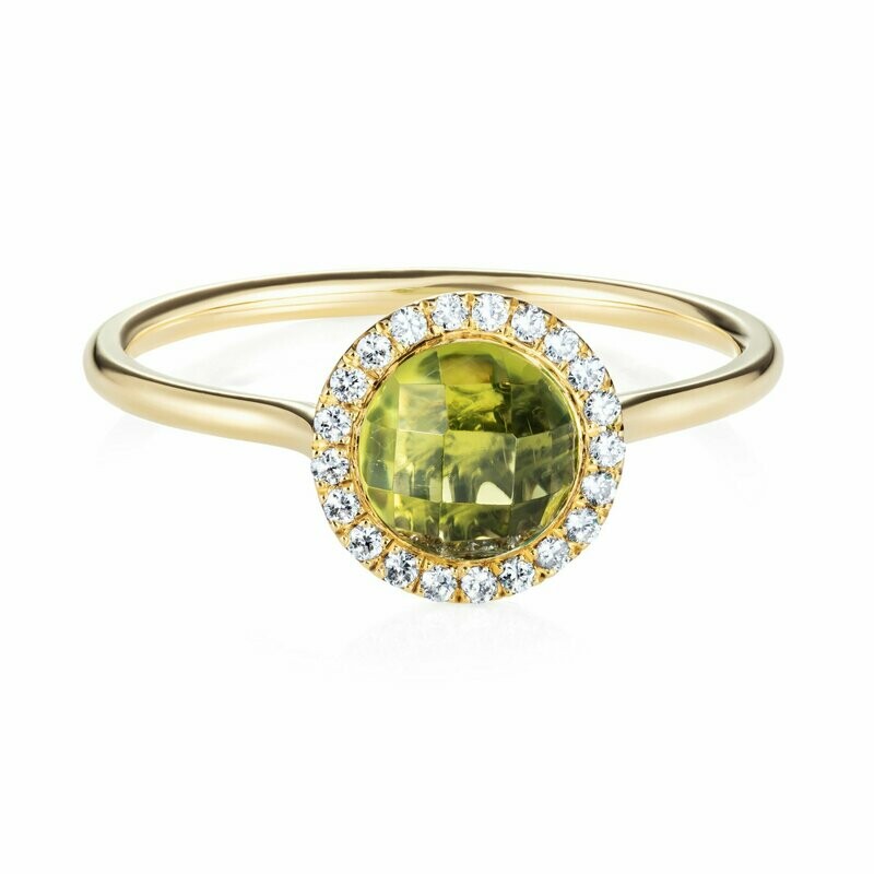 Checkerboard Peridot Diamond Halo Ring 18k Yellow Gold