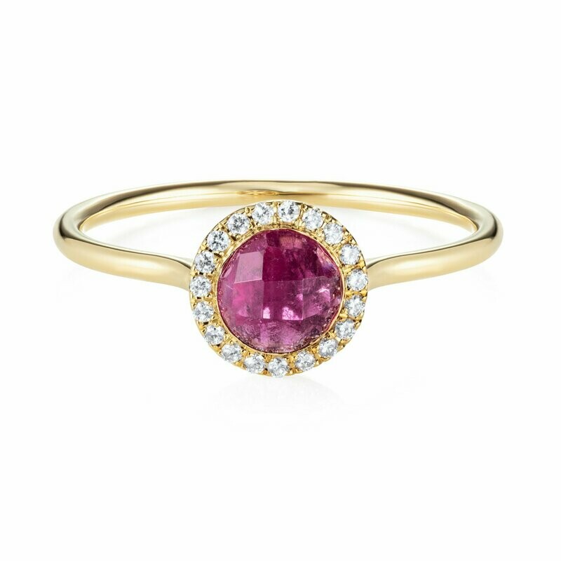 Checkerboard Pink Tourmaline Diamond Halo Ring 18k Yellow Gold