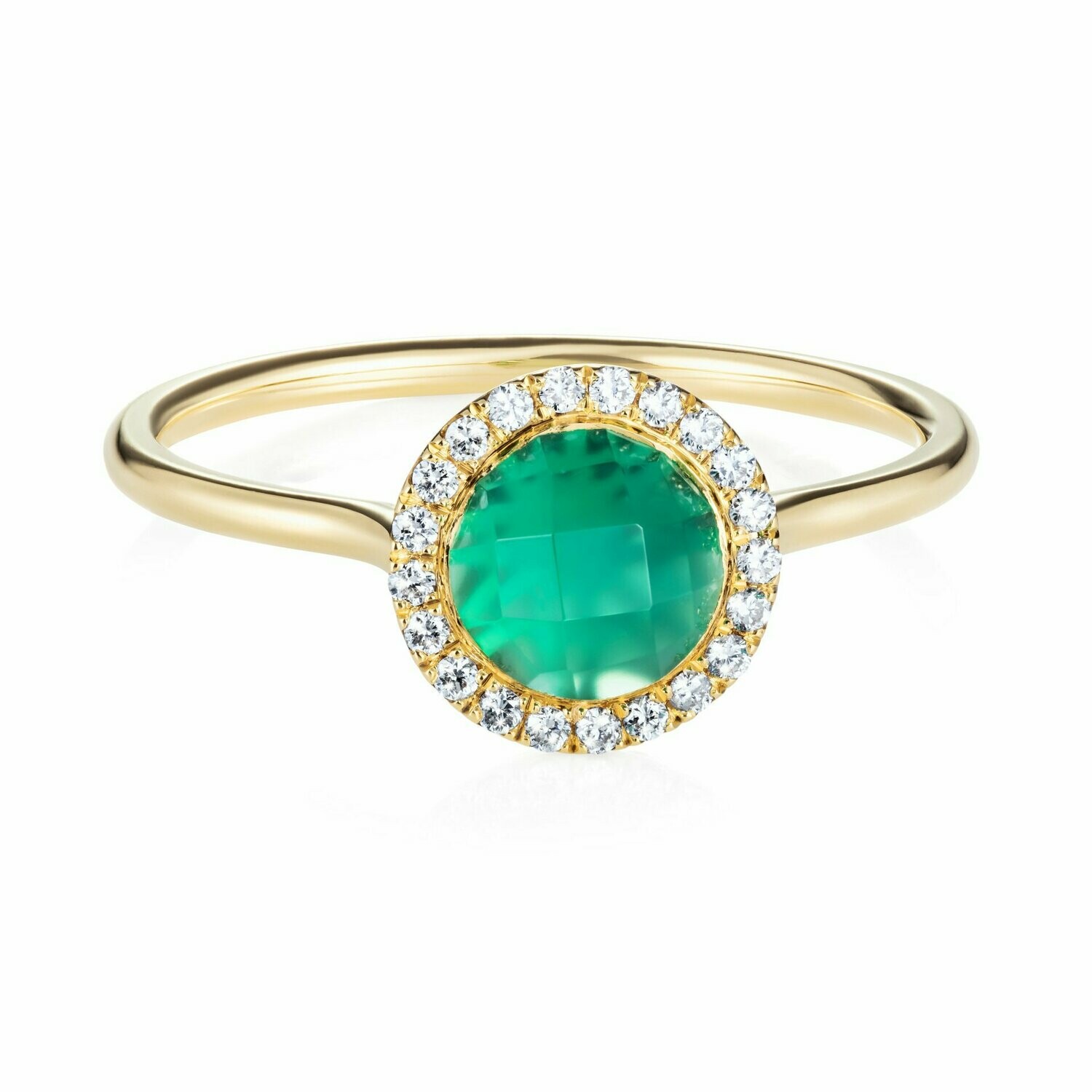 Checkerboard Green Agate Diamond Halo Ring 18k Yellow Gold
