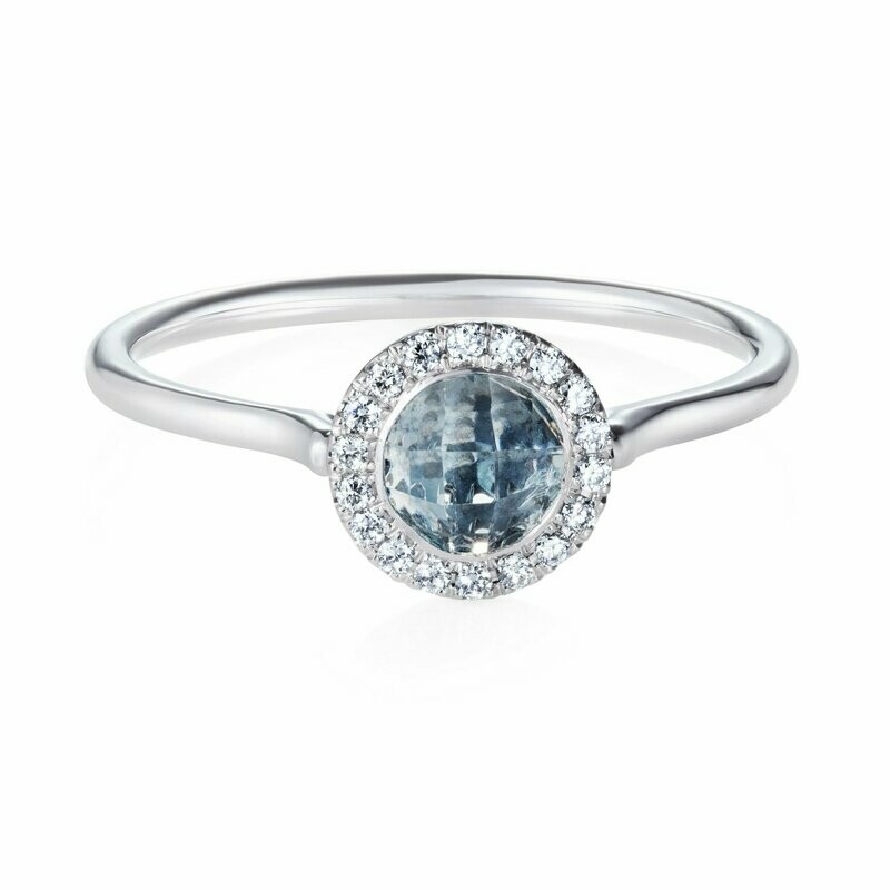Checkerboard Aquamarine Diamond Halo Ring 18k White Gold