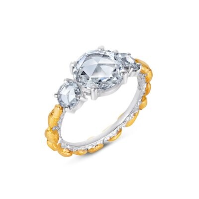 L'or Three Stone Rose Cut Diamond Ring Platinum 24k Gold