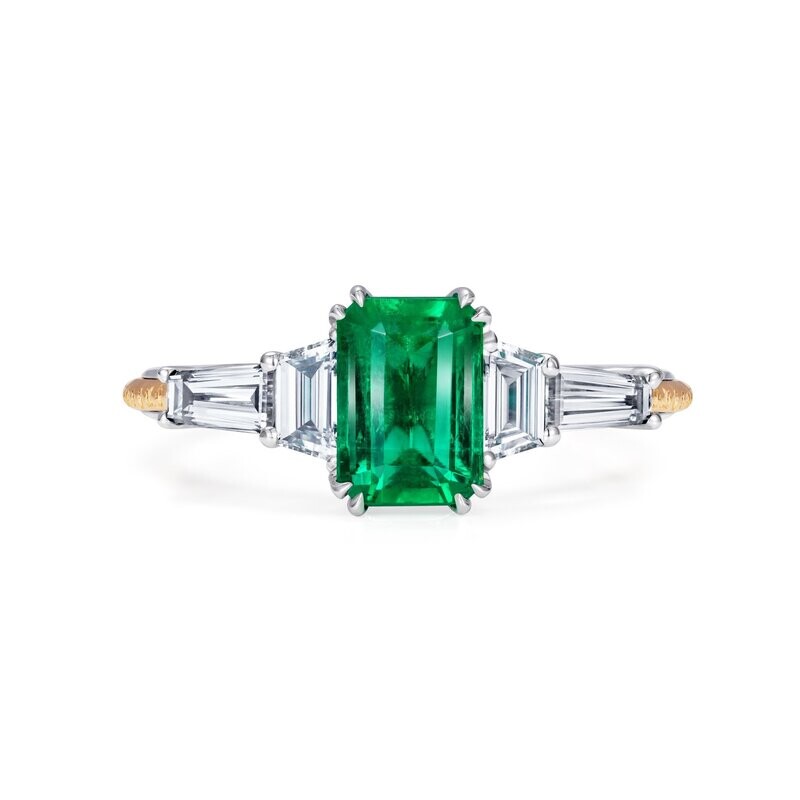 Emerald and Diamond Five Stone Ring Platinum 18k Yellow Gold