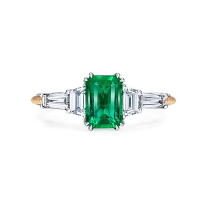 Emerald and Diamond Five Stone Ring Platinum 18k Yellow Gold