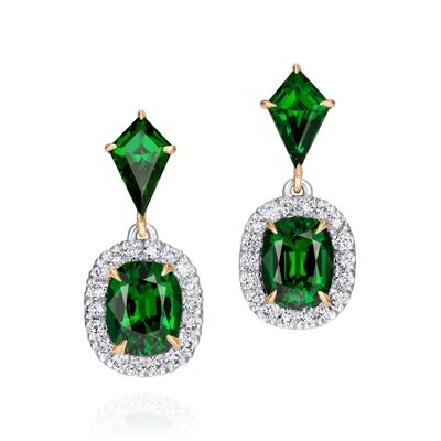 Green Tsavorite and Diamond Halo Earrings Platinum 18k Yellow Gold
