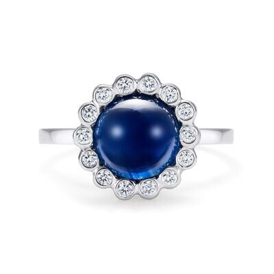 Blue Sapphire Cabochon Diamond Halo Ring Platinum