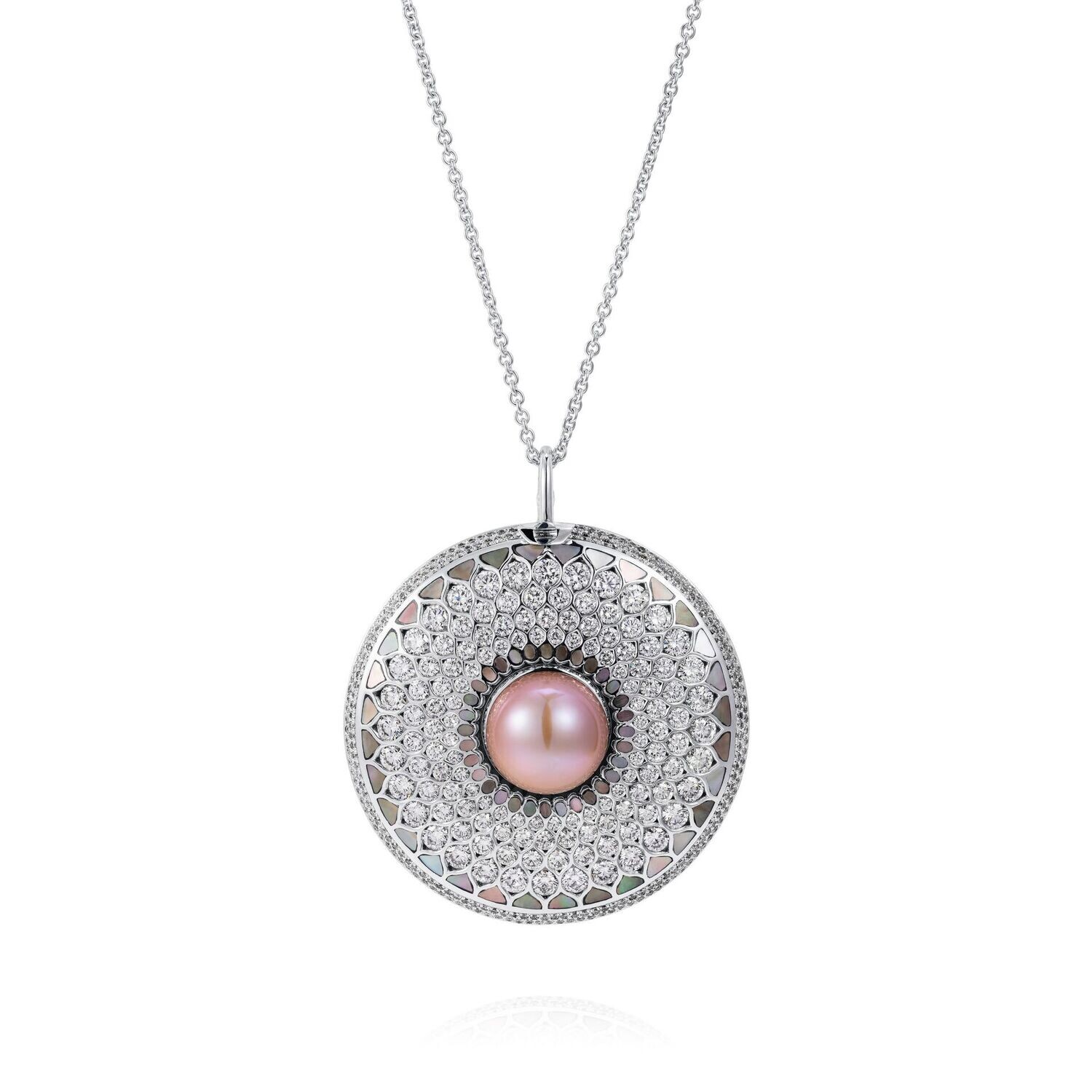 Safavid Persia Inspired Medallion Pendant - Pearl, Diamonds, 18k White Gold