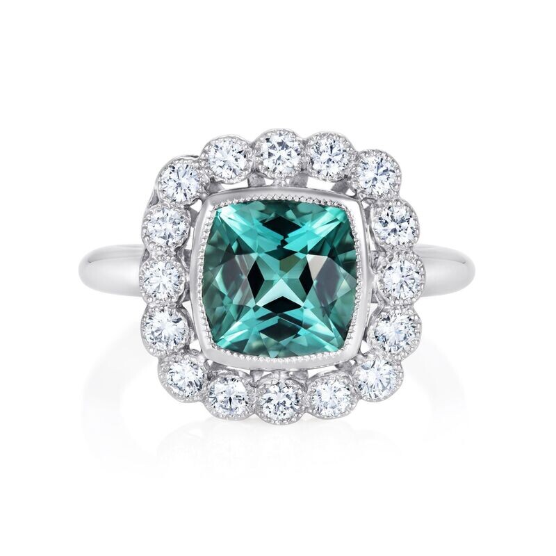 Teal Tourmaline Diamond Halo Ring Platinum