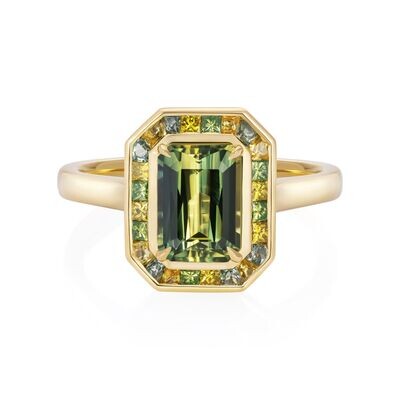 Bicolour Yellow Green Sapphire Diamond Halo Ring 18k Yellow Gold Platinum