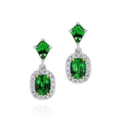 Green Kite and Cushion Tsavorite Diamond Earrings Platinum