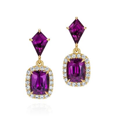 Purple Garnet Kite Diamond Earrings 18 Karat Yellow Gold