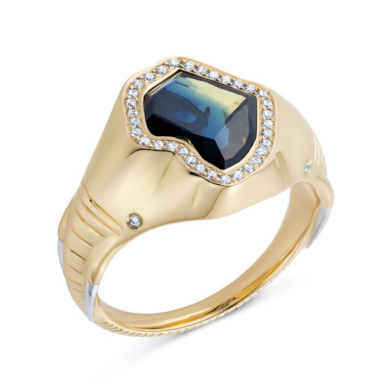 Africa Elephant Sapphire Diamond Signet Ring 18k Yellow Gold Platinum