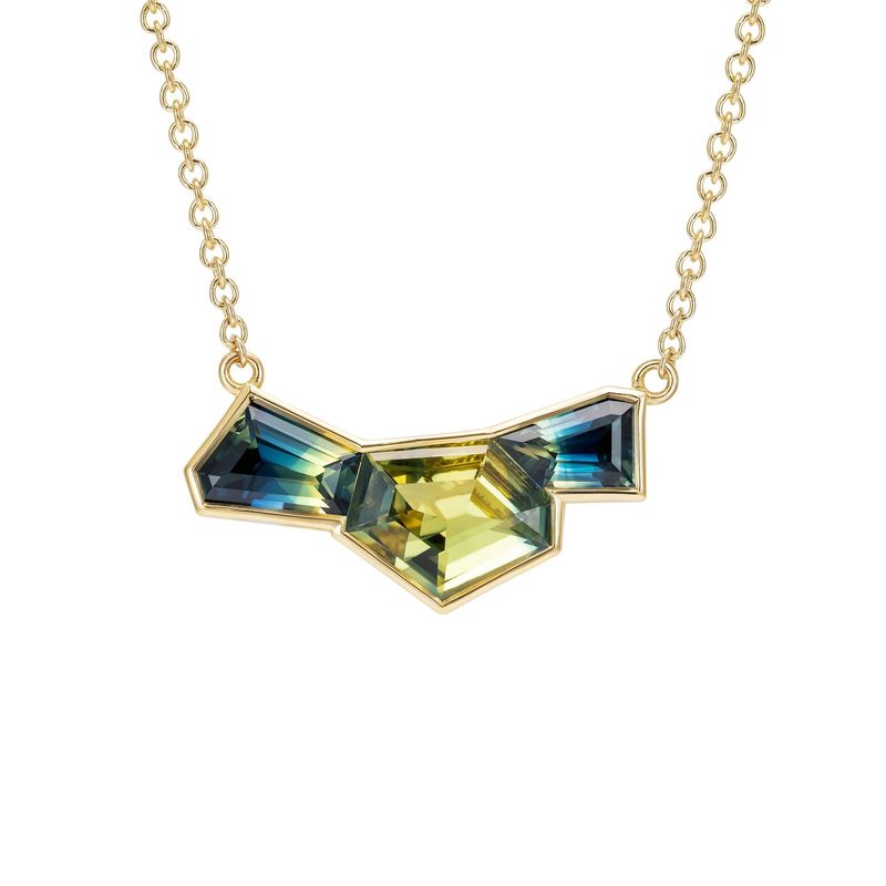 4 Carat Freeform Bi-colour 3 Stone Sapphire Necklace 18k Yellow Gold