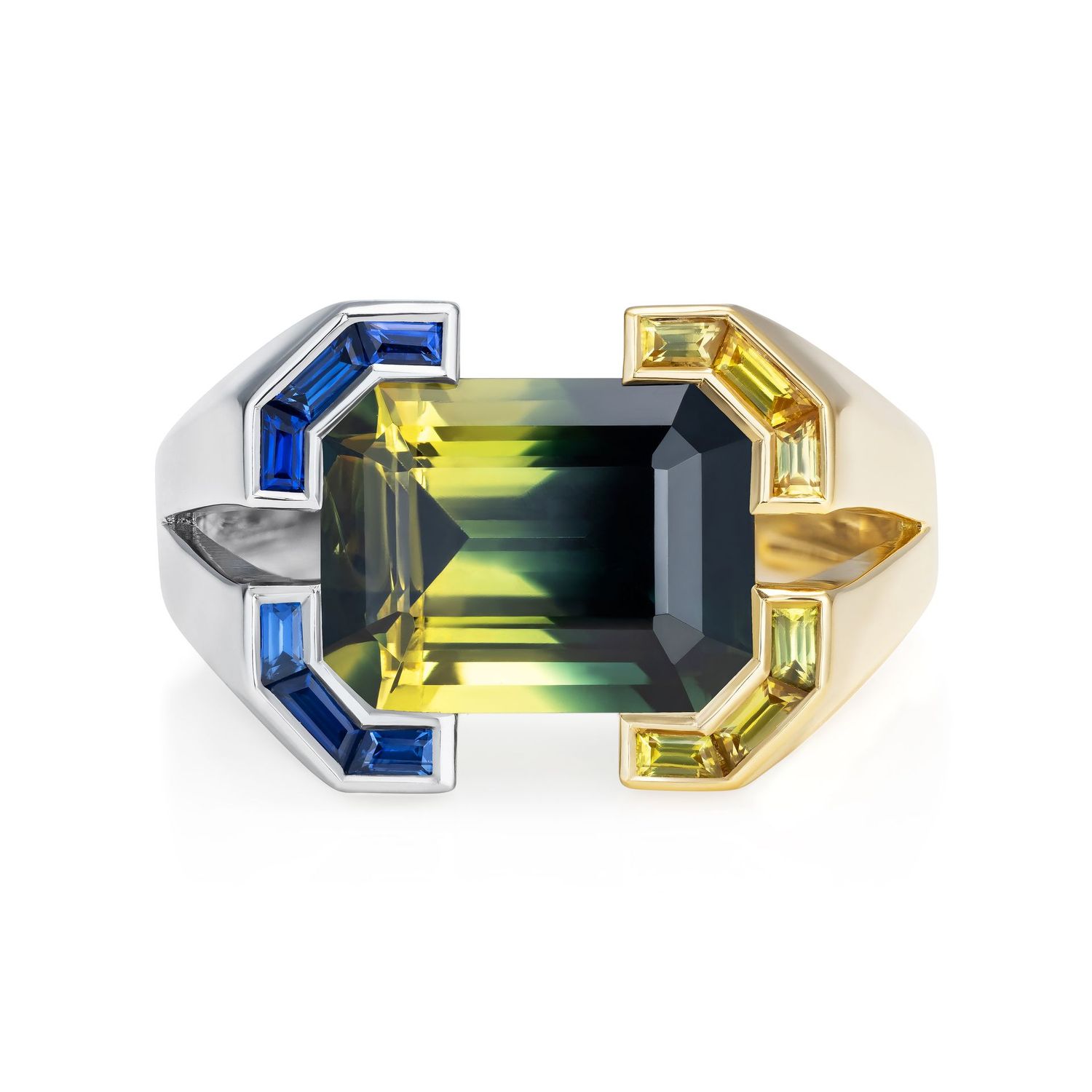 Gemini Five Carat Octagonal Parti Sapphire Ring Platinum 18k Yellow Gold