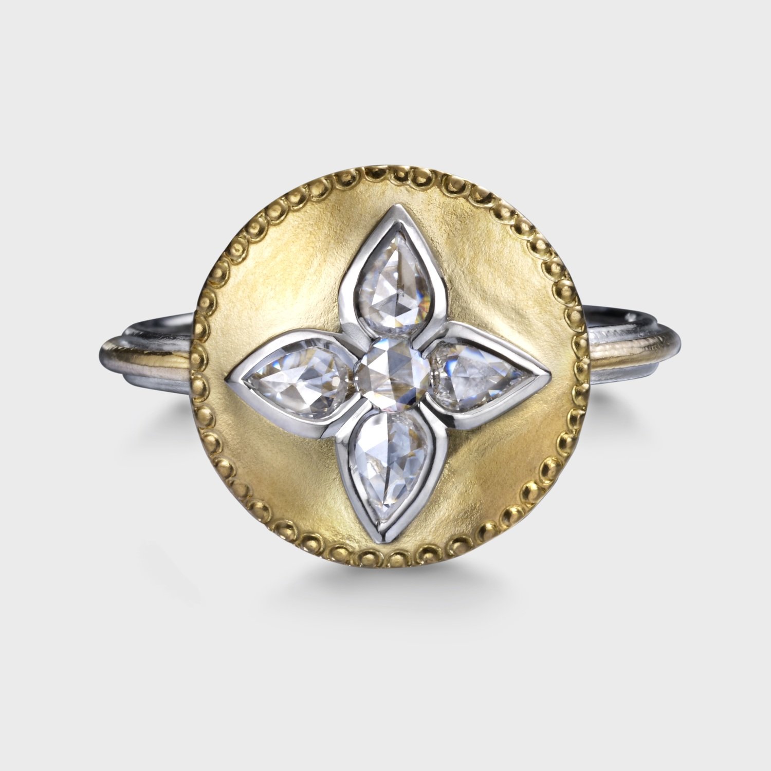 Rose Cut Diamond Shield Ring in Platinum and 24 Karat Gold