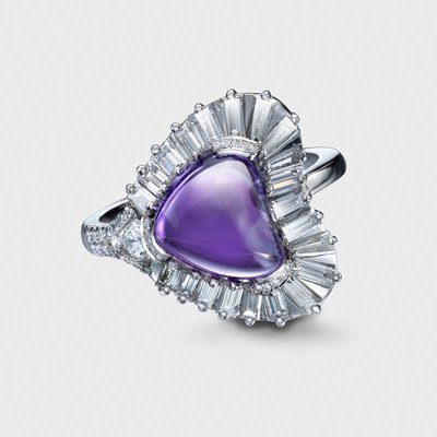 Notion Purple Amethyst Baguette Diamond Halo Ring Platinum